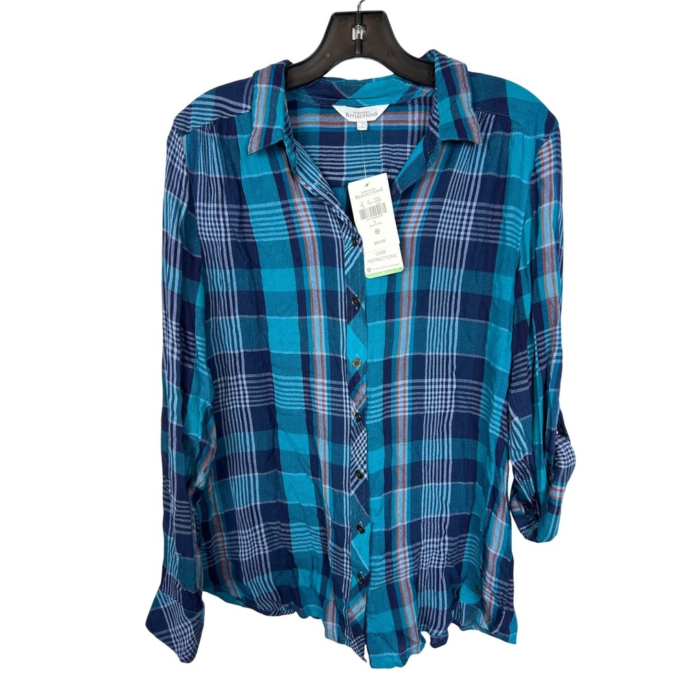 Northern Reflections Teal Blue Plaid Button Down Roll Tab Shirt Blue Large NWT
